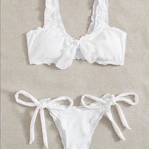 White Lettuce Trim Side Tie Bikini Swimsuit Small